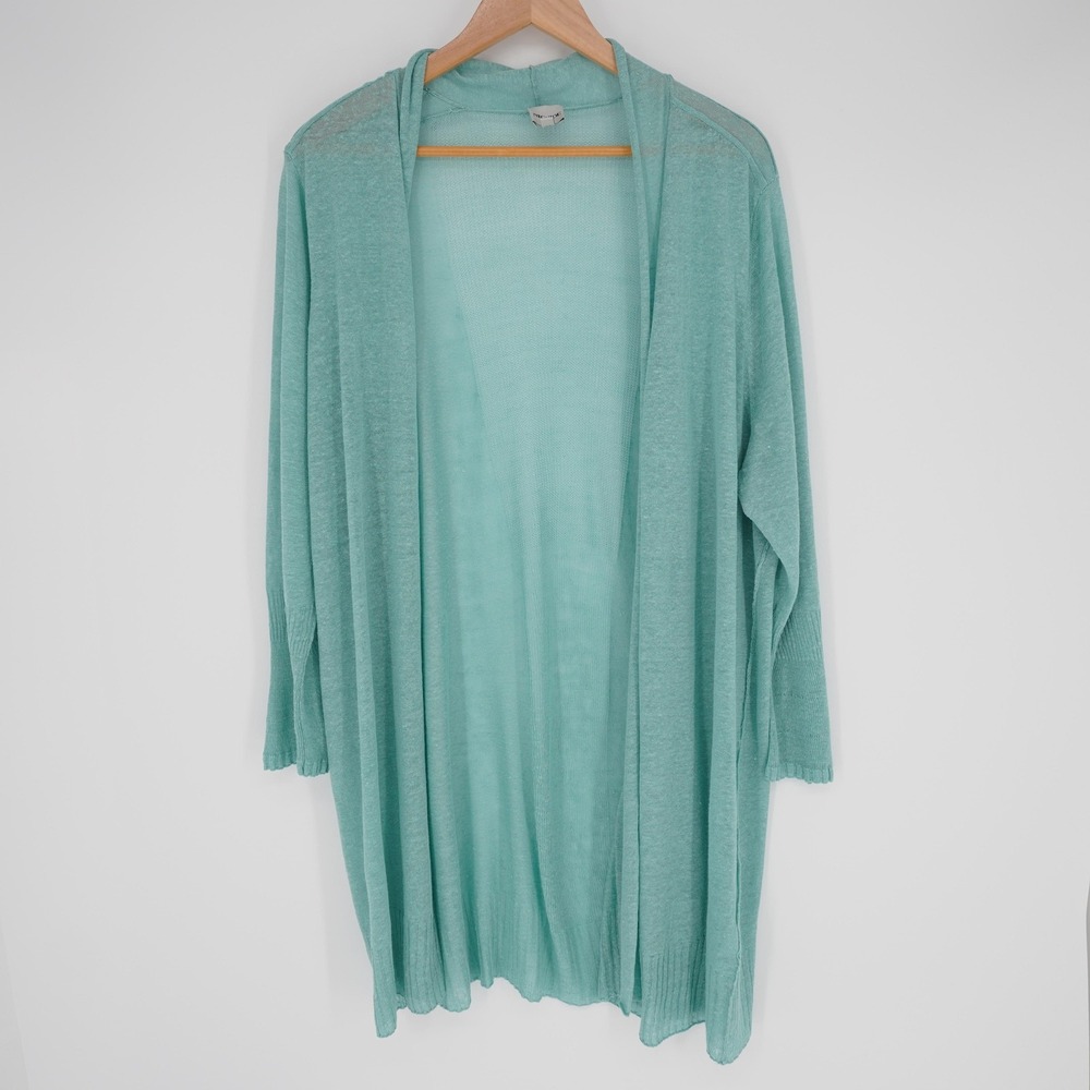 NIC+ZOE Cardigan Womens XXL Green Linen Viscose Lightweight Open-Knit Oversized